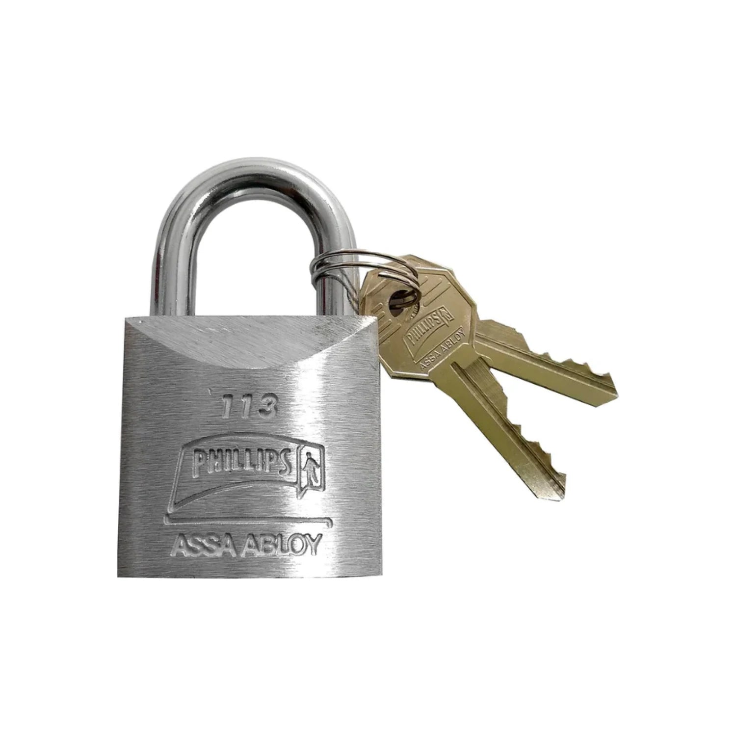Candado Phillips 113 de seguridad, metálico plateado, con gancho corto y dos llaves