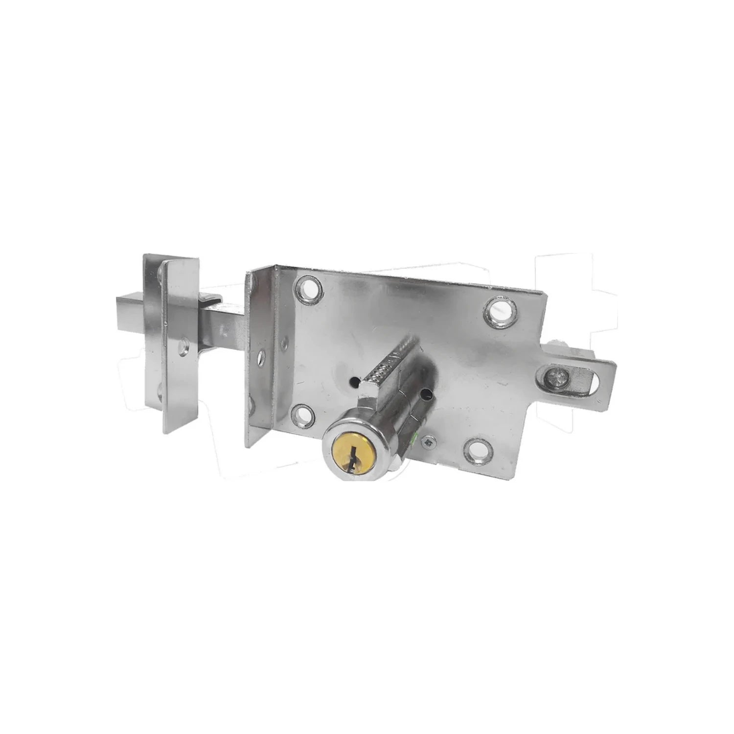 Cerradura de barra fija metálica plateada con cilindro de seguridad y llave para puertas derechas