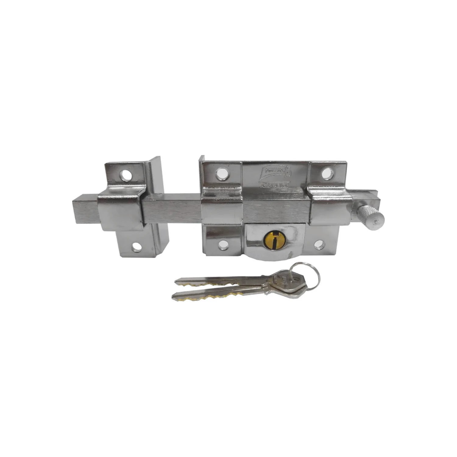 Cerradura de barra metálica con llave, acabado cromado. Incluye 2 llaves para seguridad en puertas.