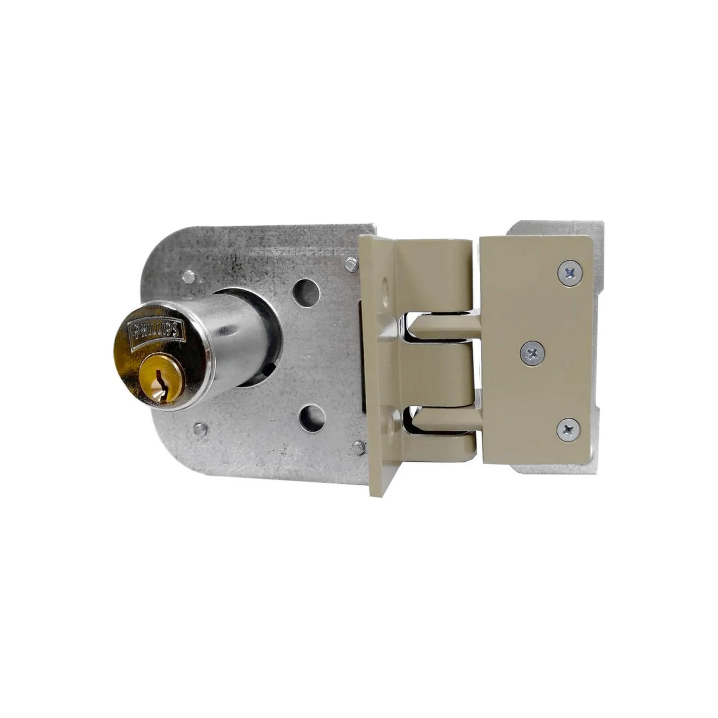 Cerradura de mordaza Phillips para sobreponer, pestillo de seguridad beige, cilindro metálico izquierda