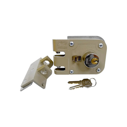 Cerradura de sobreponer Phillips de seguridad color beige, chapa de mordaza con cilindro y dos llaves