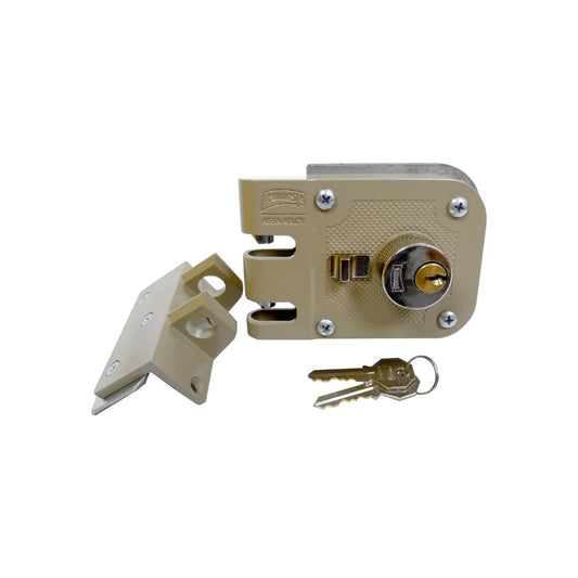Cerradura de sobreponer Phillips de seguridad color beige, chapa de mordaza con cilindro y dos llaves