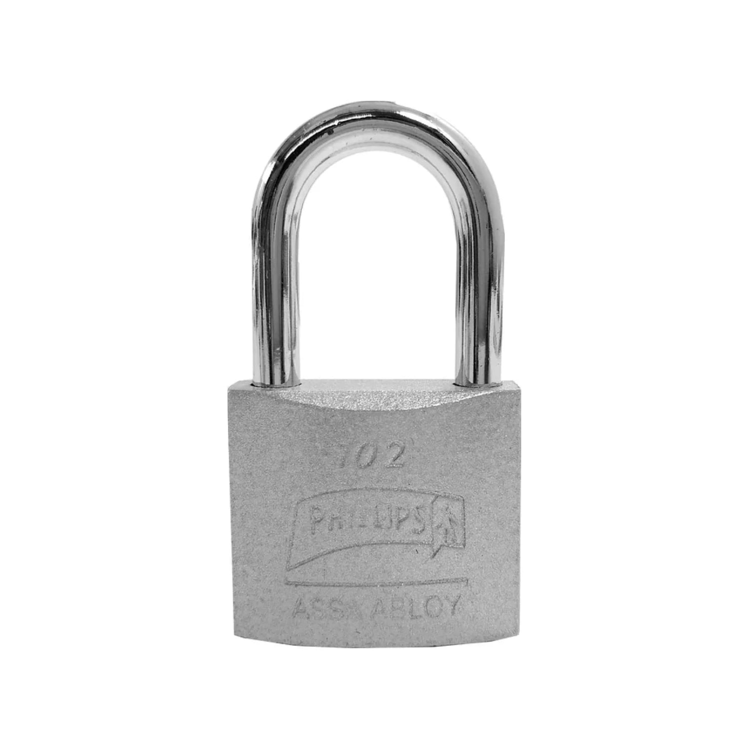 Candado de seguridad Phillips 102 plateado con grillete cromado. Marca ASSA ABLOY.