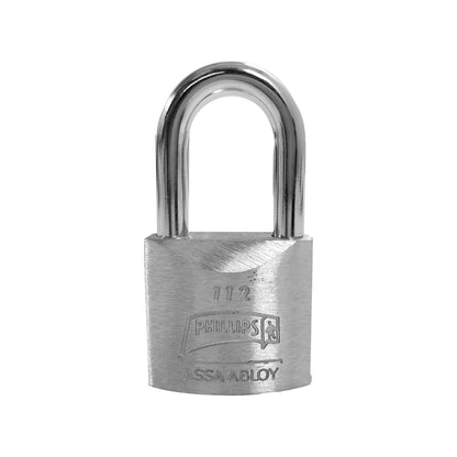 Candado de seguridad metálico Phillips 112 con cuerpo cepillado, logotipo Phillips y marca Assa Abloy.
