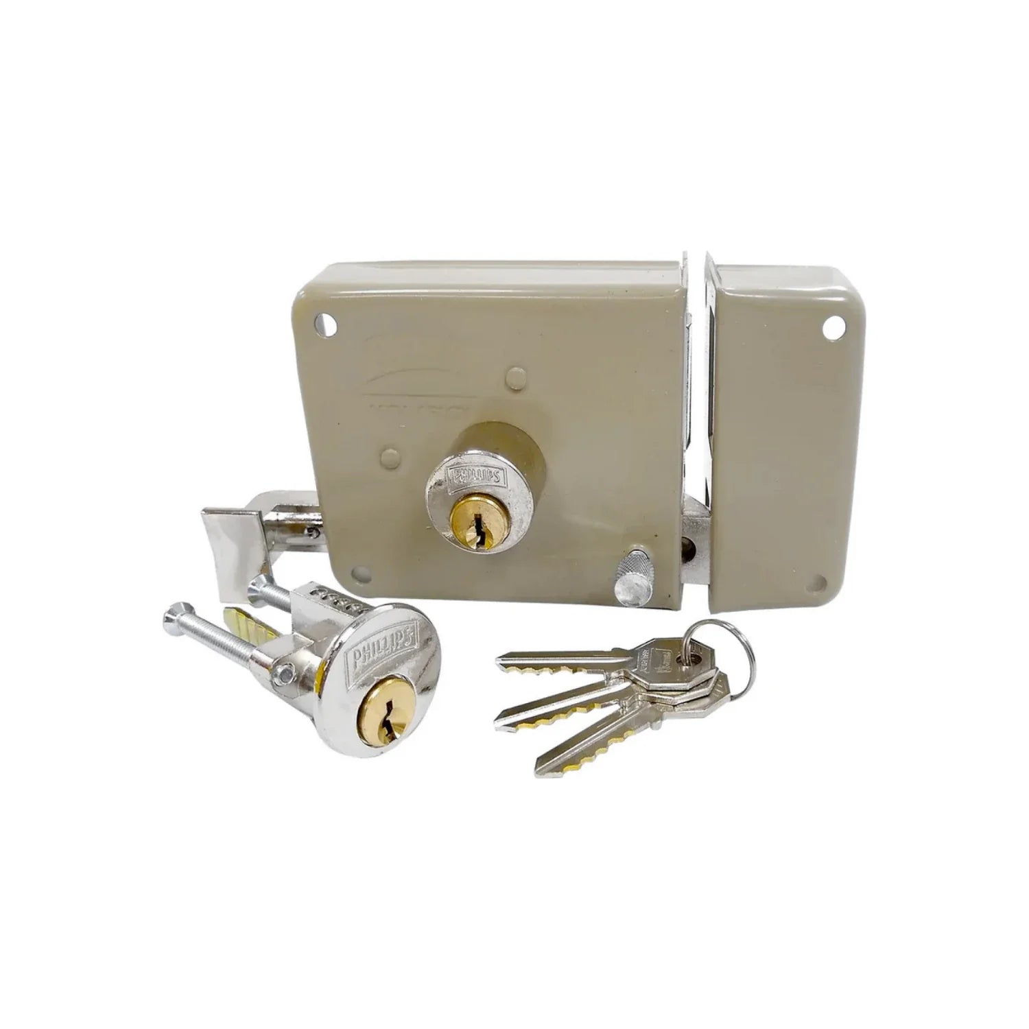 Cerradura de sobreponer Phillips clásica beige con cilindro de seguridad metálico y juego de 3 llaves