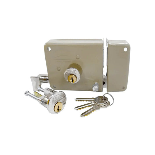 Cerradura de sobreponer Phillips clásica beige con cilindro de seguridad metálico y juego de 3 llaves