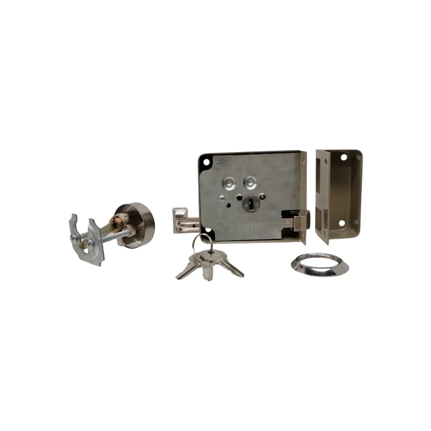Cerradura de sobreponer metálica para puerta, con mecanismo, cilindro exterior, 3 llaves y placa de seguridad.