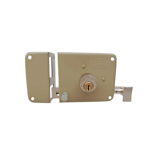 Cerradura de sobreponer Phillips clásica izquierda color beige con cilindro de seguridad y llave