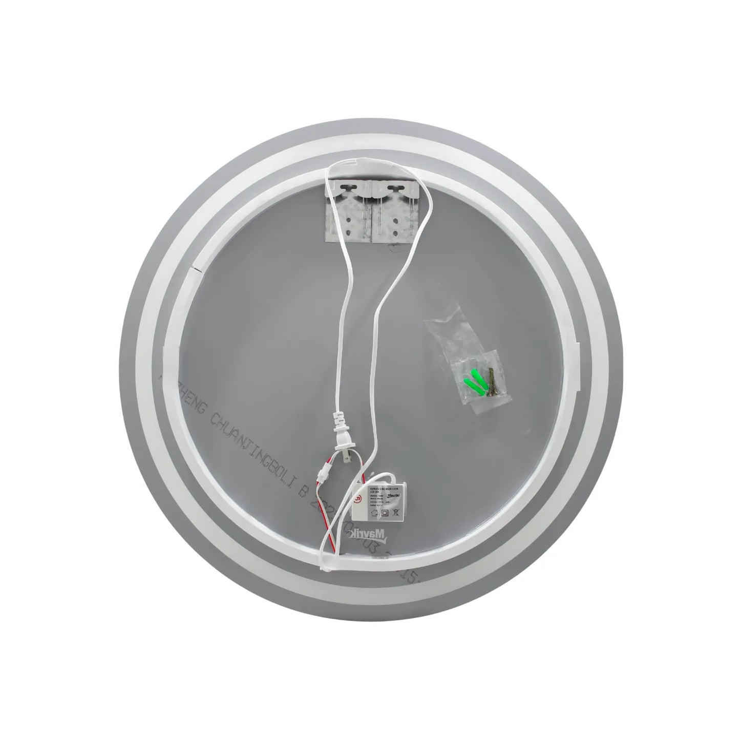 Espejo circular con luz LED trasera, soporte metálico de montaje y cable de alimentación con conector para pared.