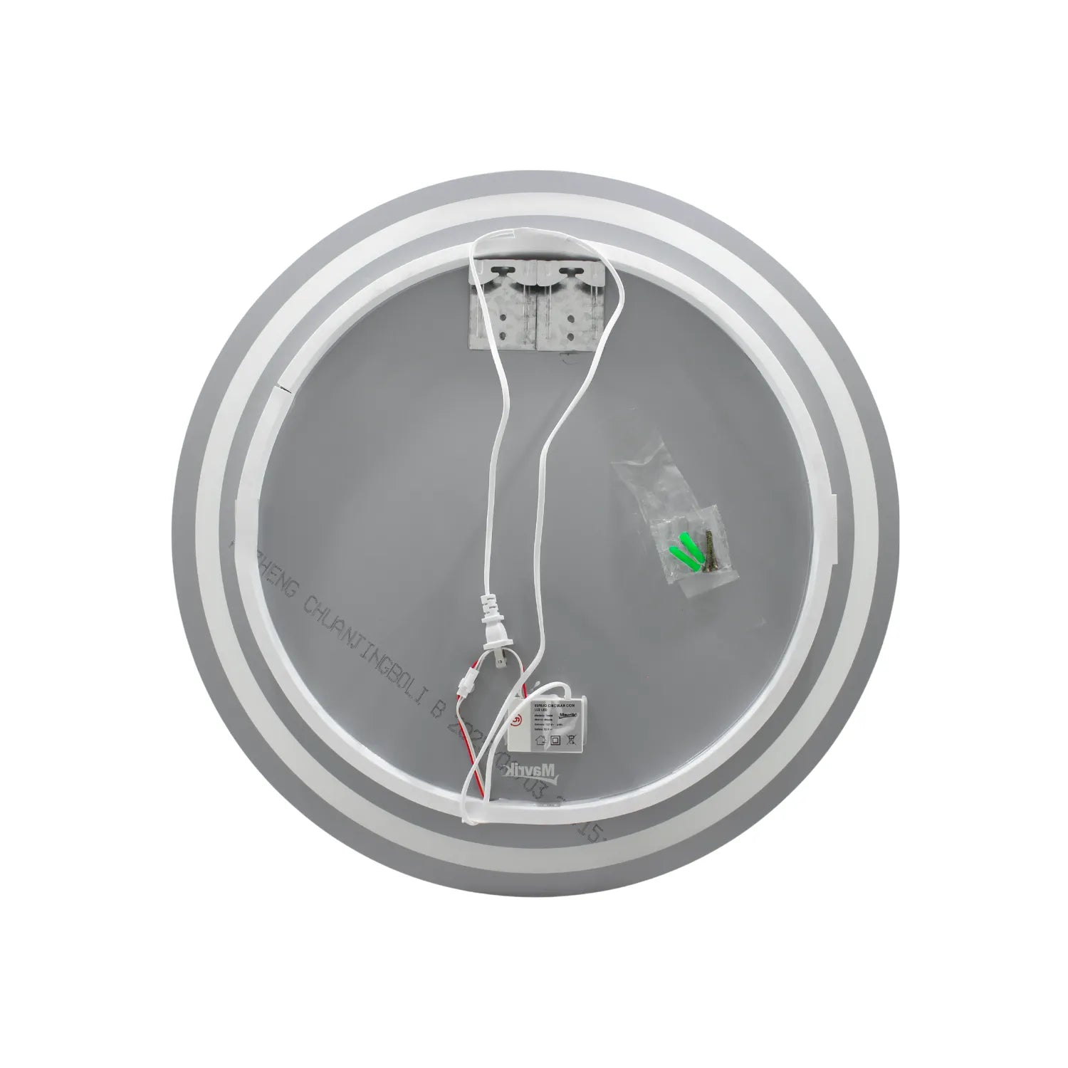 Espejo circular con luz LED trasera, soporte metálico de montaje y cable de alimentación con conector para pared.