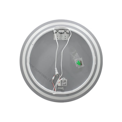 Espejo circular con luz LED trasera, soporte metálico de montaje y cable de alimentación con conector para pared.