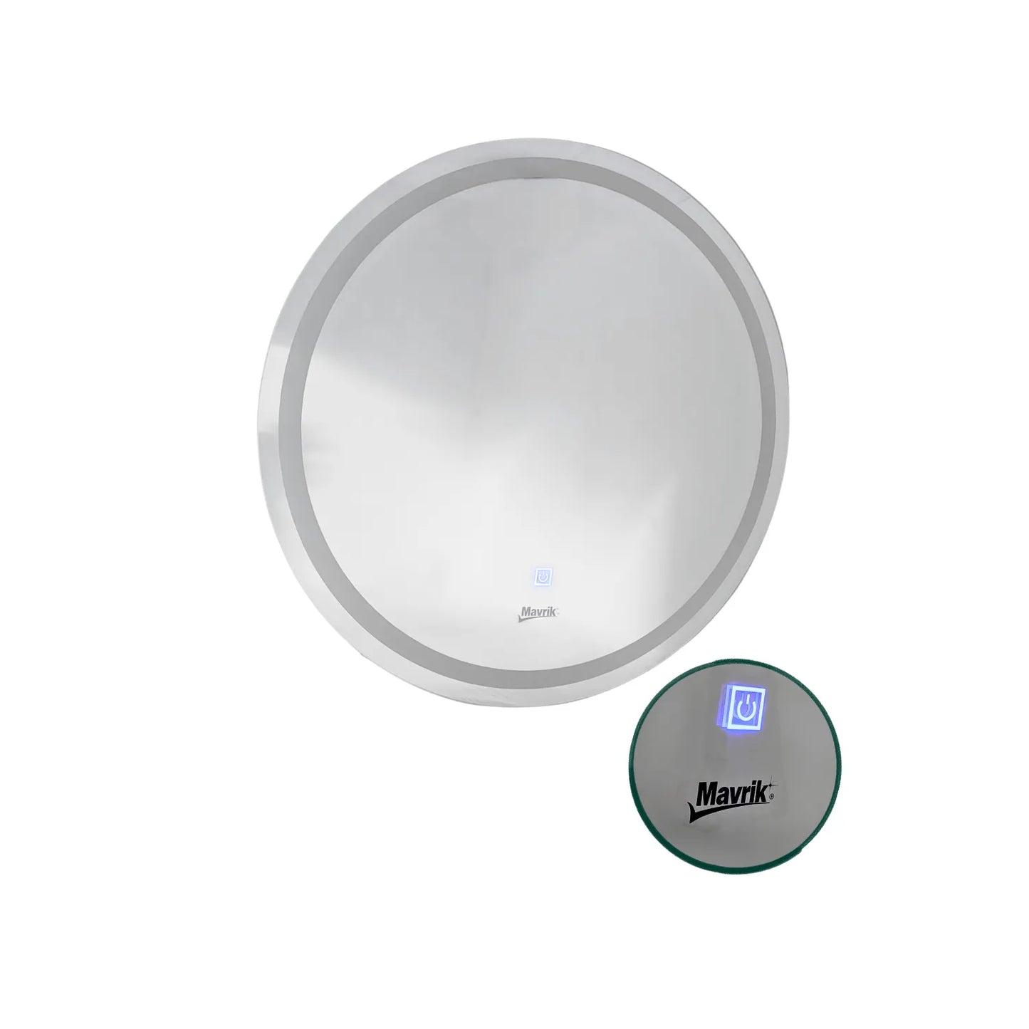 Espejo de baño circular LED marca Mavrik con interruptor táctil iluminado y borde retroiluminado para iluminación frontal