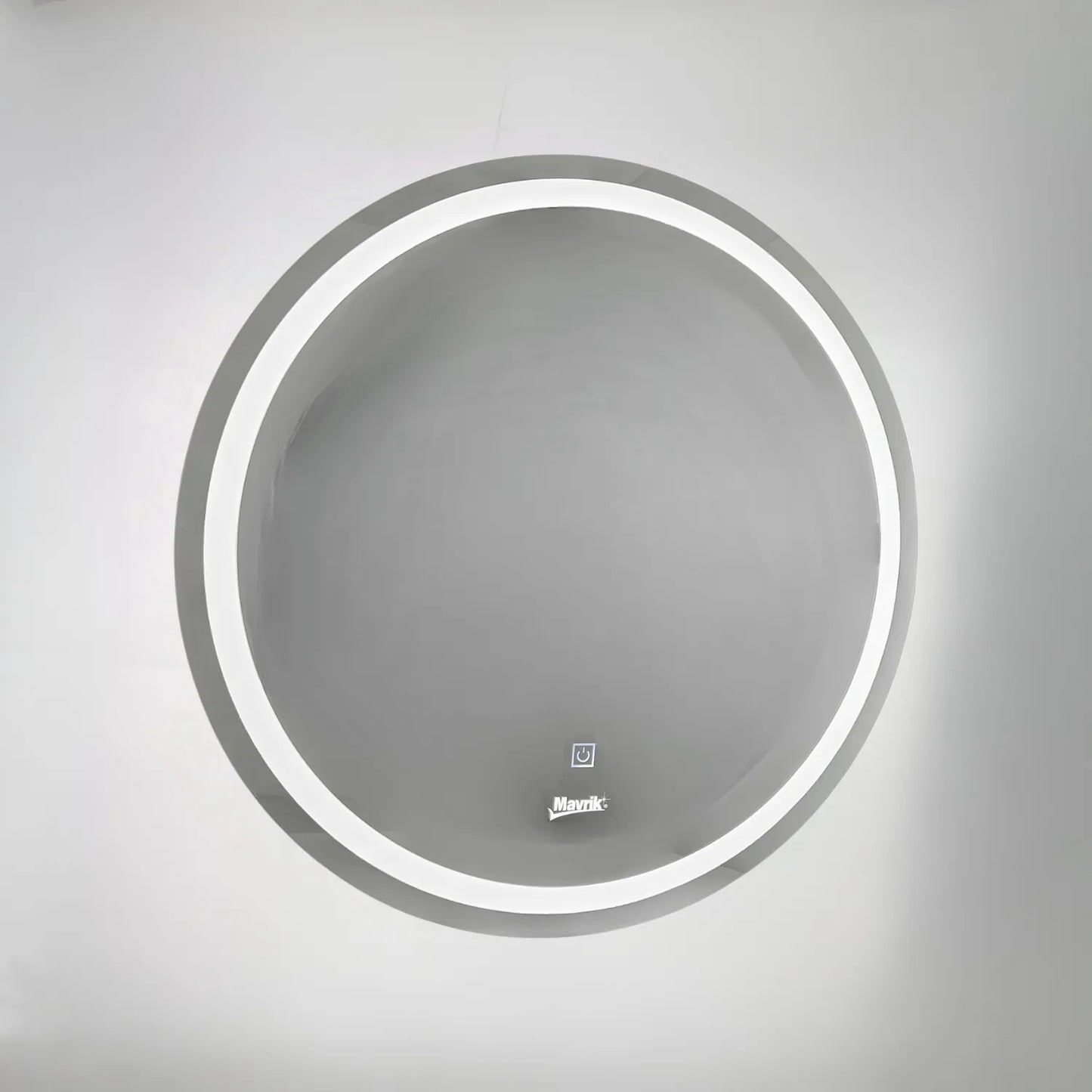 Espejo circular LED Mavrik con luz perimetral integrada y botón táctil de encendido para baño