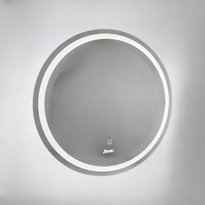 Espejo circular LED Mavrik con luz perimetral integrada y botón táctil de encendido para baño