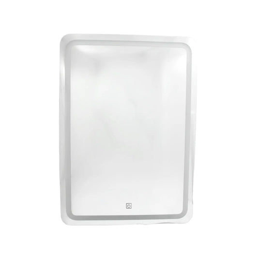 Espejo rectangular con luz LED perimetral y sensor táctil para baño o tocador con diseño moderno minimalista.