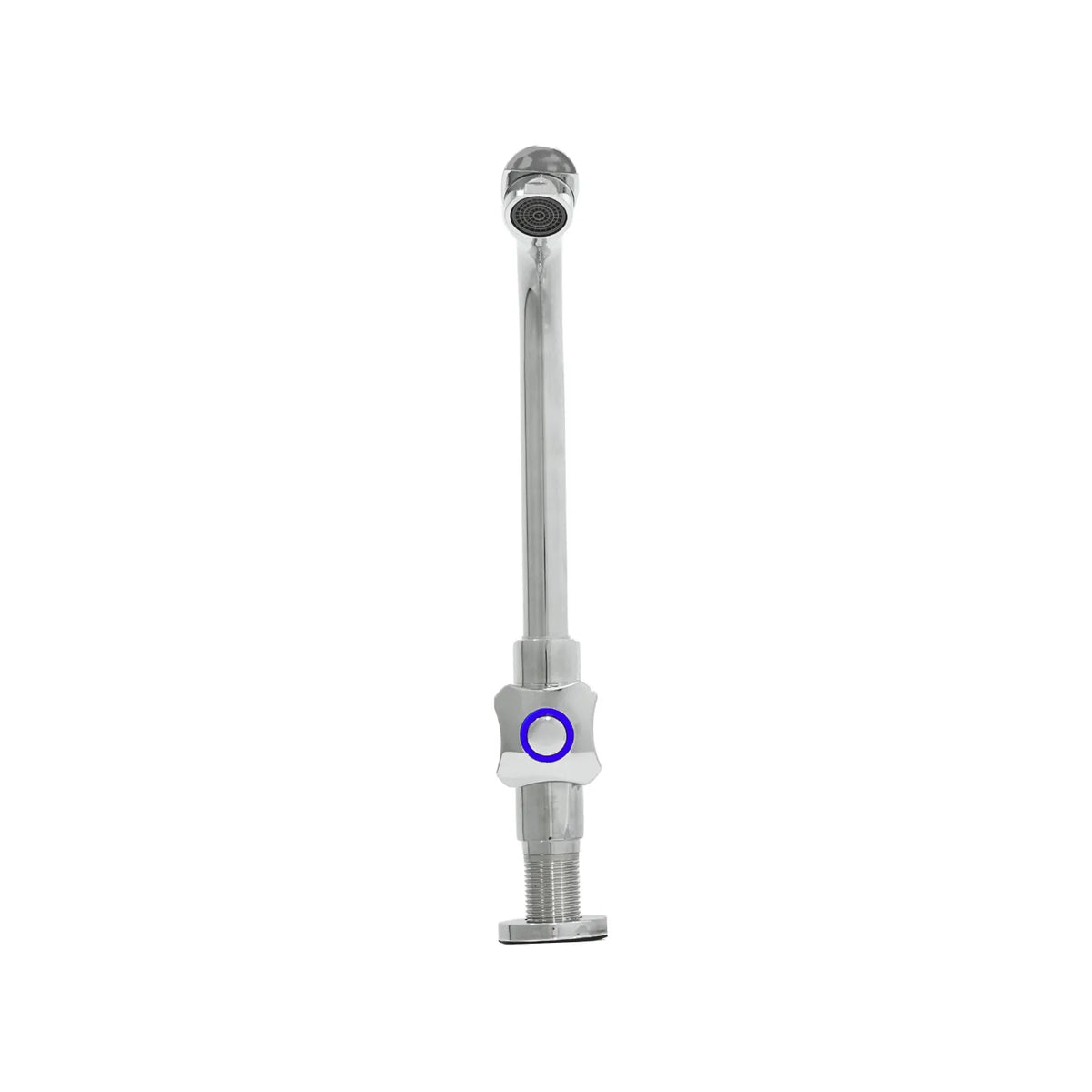 Grifo de lavabo cuello alto acabado cromado con detalle azul en manija para instalación en encimera.