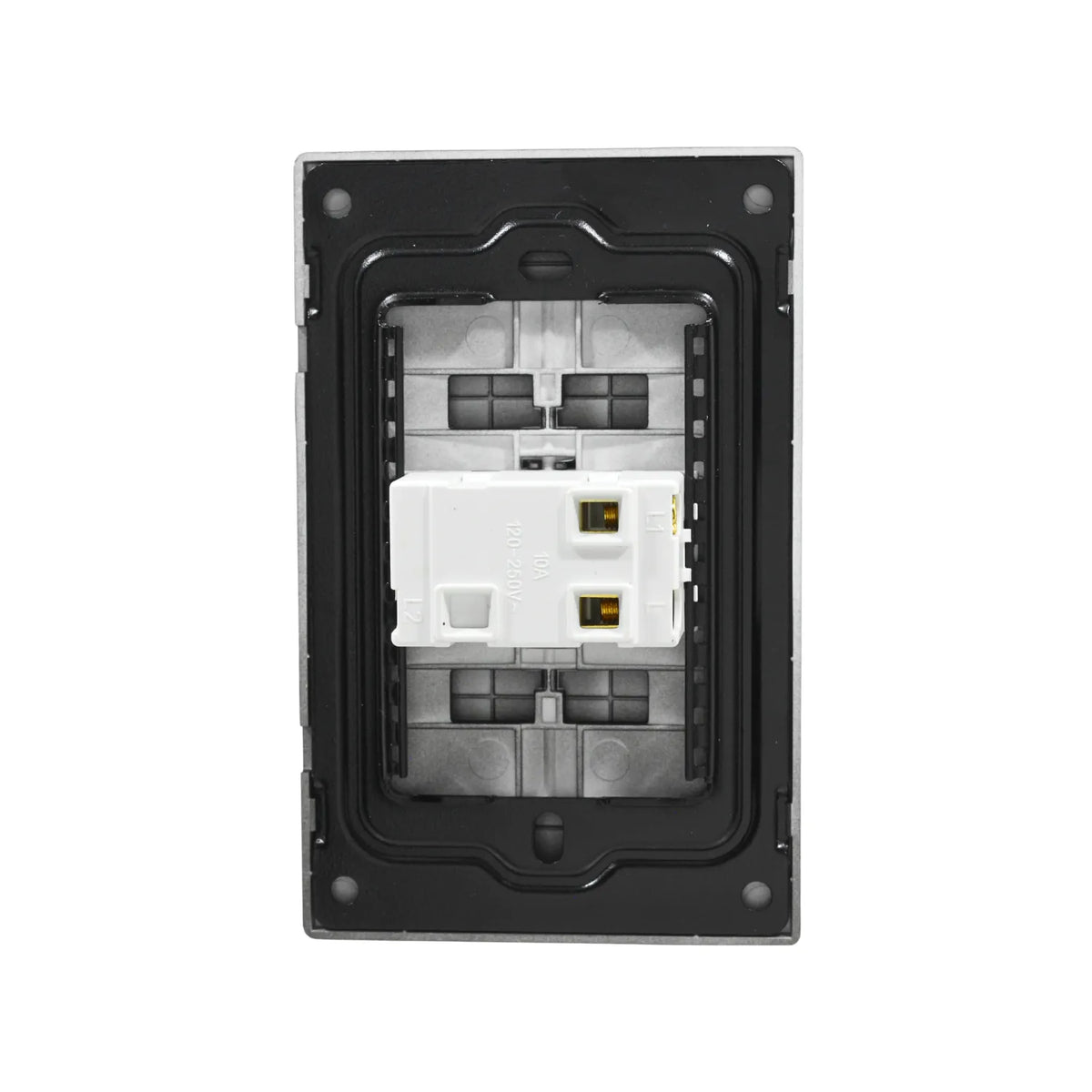Interruptor de luz 10A 120-250V vista posterior con bastidor metálico negro para instalación eléctrica empotrada