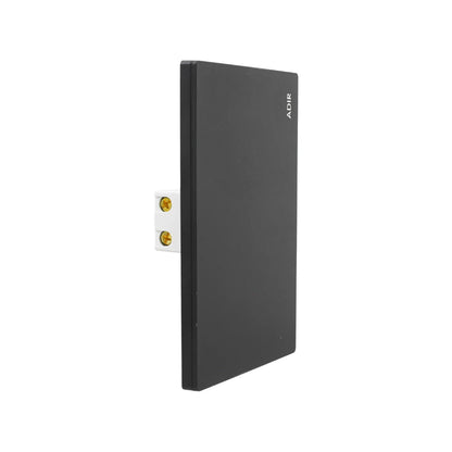 Apagador de luz negro marca ADIR de diseño minimalista plano con terminales de tornillo para instalación eléctrica