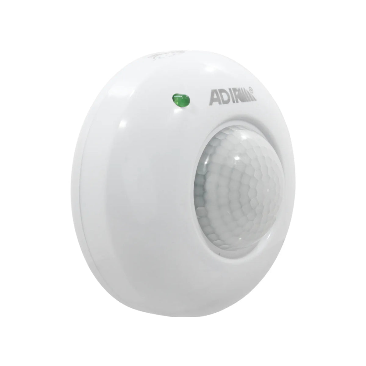 Sensor de movimiento PIR Adir circular blanco con indicador LED verde para control de iluminación y seguridad.