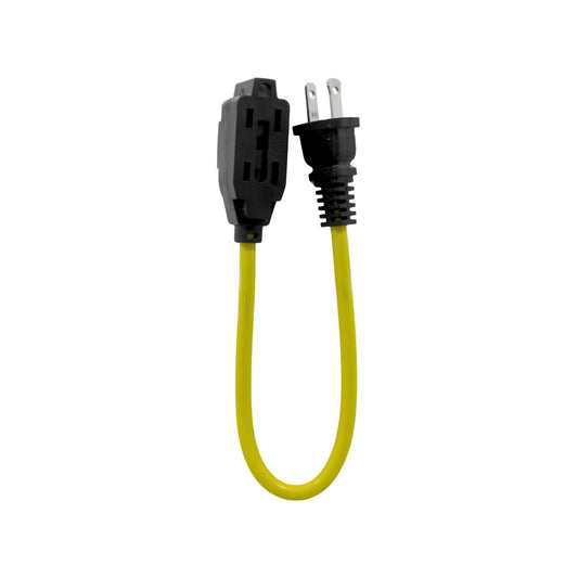 Extensión eléctrica corta amarilla con 3 contactos negros y clavija de 2 polos para uso doméstico.