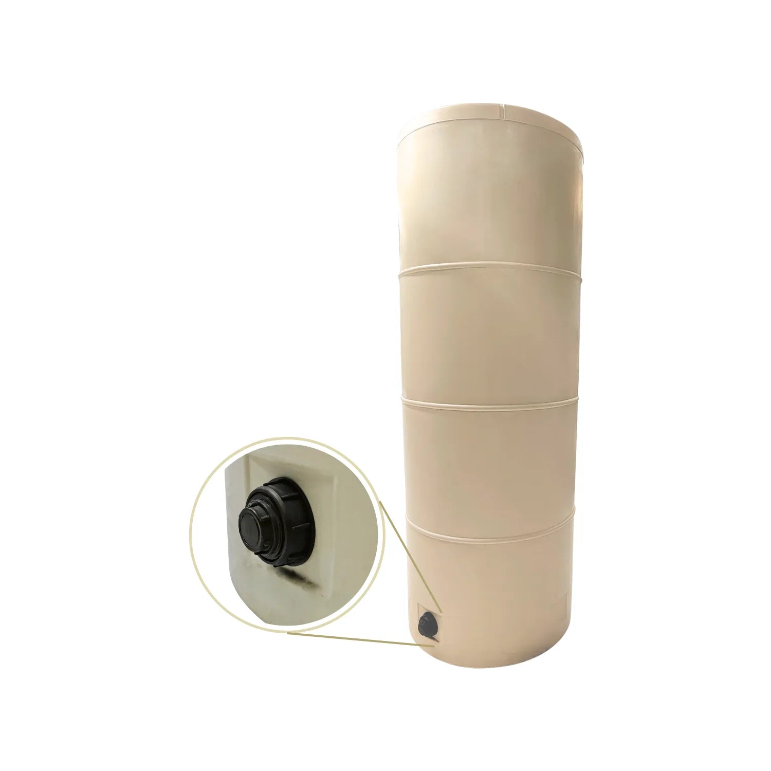 Tinaco vertical beige de 1000 litros con salida inferior para almacenamiento de agua.