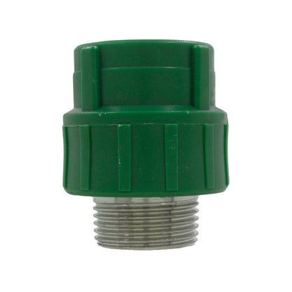 Conector PPR macho 1 pulgada verde con rosca metálica para fontanería