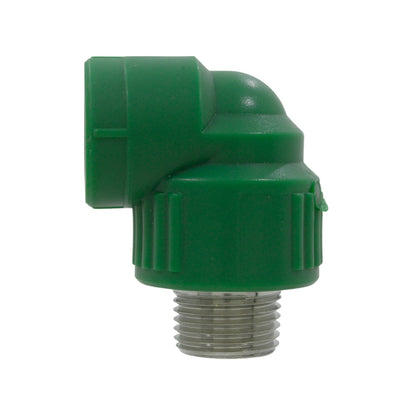 Codo PPR verde 90 grados 20mm (1/2") con rosca exterior macho para tuberías de agua fría y caliente