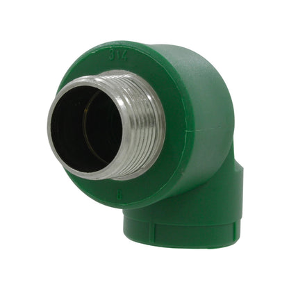Codo PPR verde 90 grados con rosca exterior metálica macho 3/4 pulgada para instalaciones de plomería