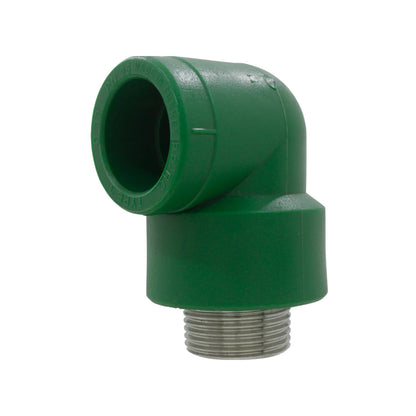 Codo PPR verde 90° rosca exterior macho 1 pulgada PN25 para fontanería y tuberías de agua caliente