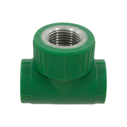 Tee PPR verde 20mm (1/2") con rosca interior metálica hembra para conexión de tuberías