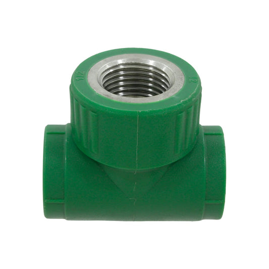 Tee PPR verde 20mm (1/2") con rosca interior metálica hembra para conexión de tuberías