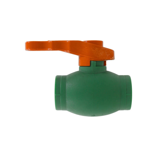 Válvula esfera PPR verde con mango naranja de 25mm (3/4") para instalaciones de agua y plomería