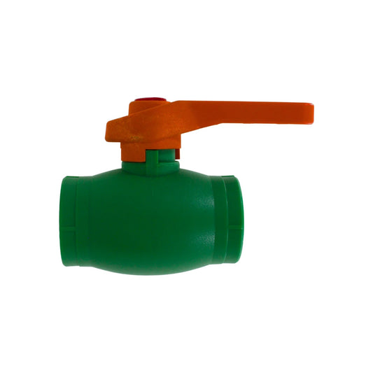 Válvula esfera PPR verde con maneta naranja, llave de paso plástica para control de flujo de agua
