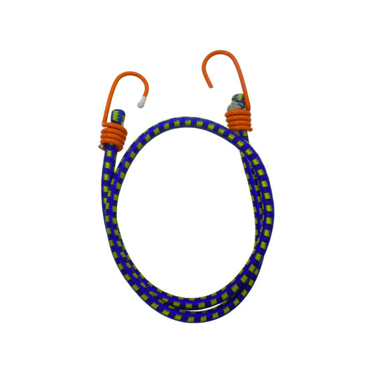 Tensor elástico bicolor azul y amarillo con ganchos metálicos naranja para asegurar y sujetar cargas.