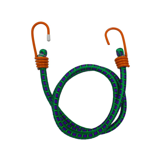 Tensor elástico verde y morado con ganchos naranjas, para sujetar y asegurar objetos.