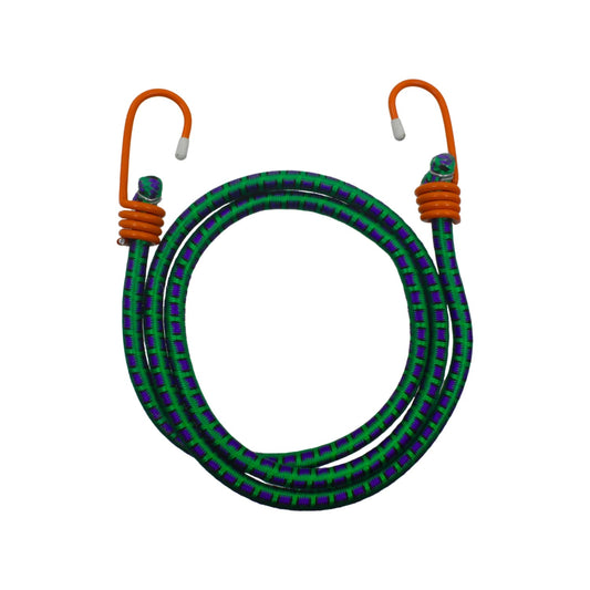 Tensor elástico verde y morado con dos ganchos naranjas, ideal para sujetar y asegurar cargas.