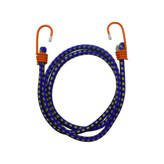 Tensor elástico azul y amarillo de 160 cm con ganchos naranja para sujeción segura de cargas