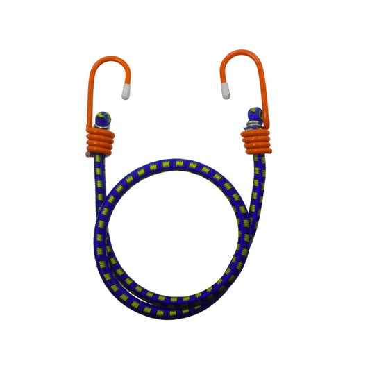 Tensor elástico bungee azul y amarillo, ganchos naranja con punta blanca, para sujeción segura