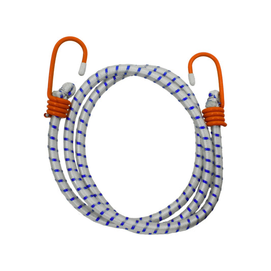 Tensor elástico blanco con patrón azul, dos ganchos naranjas resistentes para sujetar cargas de forma segura