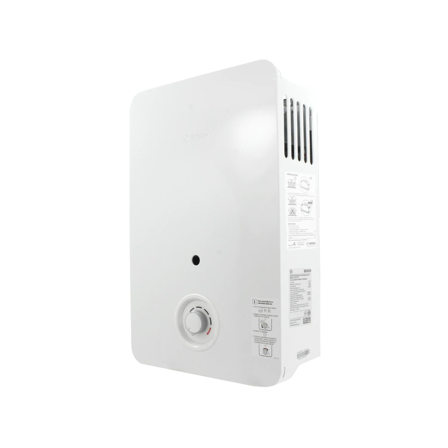 Boiler de paso Bosch blanco, calentador de agua instantáneo compacto con control de temperatura.