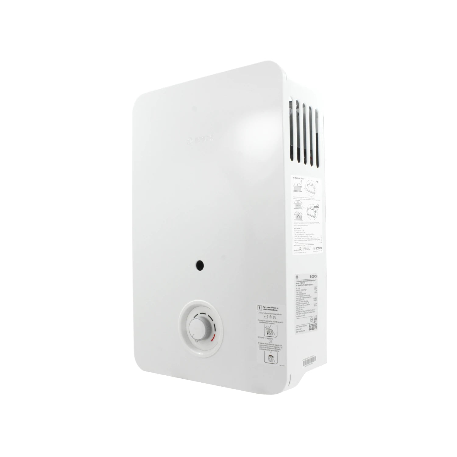 Boiler de paso Bosch blanco, calentador de agua instantáneo compacto con control de temperatura.