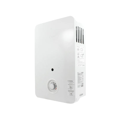 Boiler de paso Bosch blanco, calentador de agua instantáneo compacto con control de temperatura.