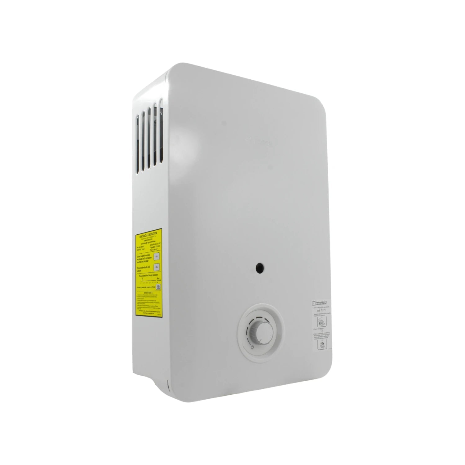 Boiler de paso blanco, calentador instantáneo para agua caliente, con perilla de control y eficiencia energética.