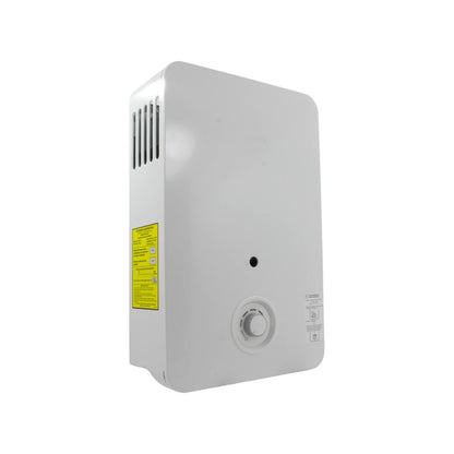 Boiler de paso blanco, calentador instantáneo para agua caliente, con perilla de control y eficiencia energética.