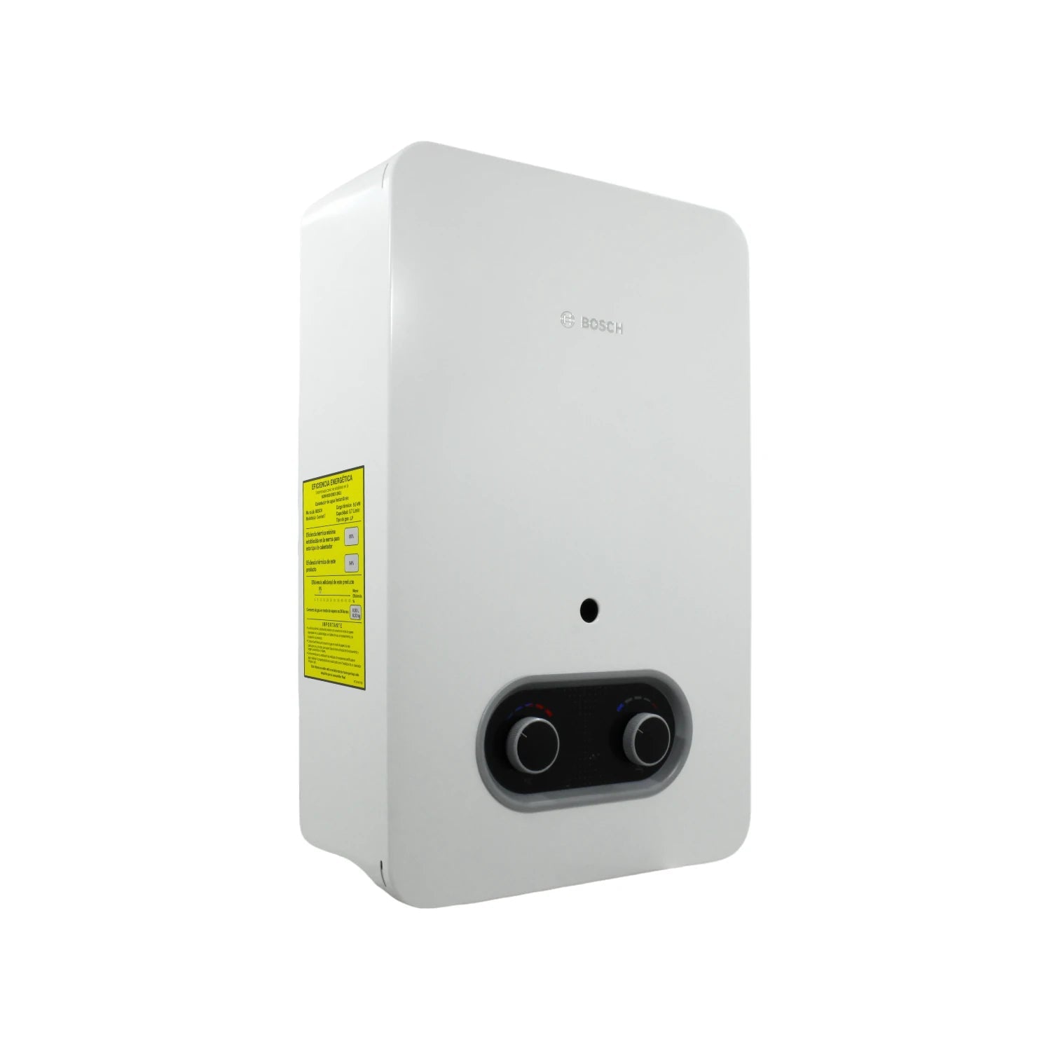 Calentador de agua instantáneo Bosch blanco, compacto, con controles frontales, para eficiencia energética.