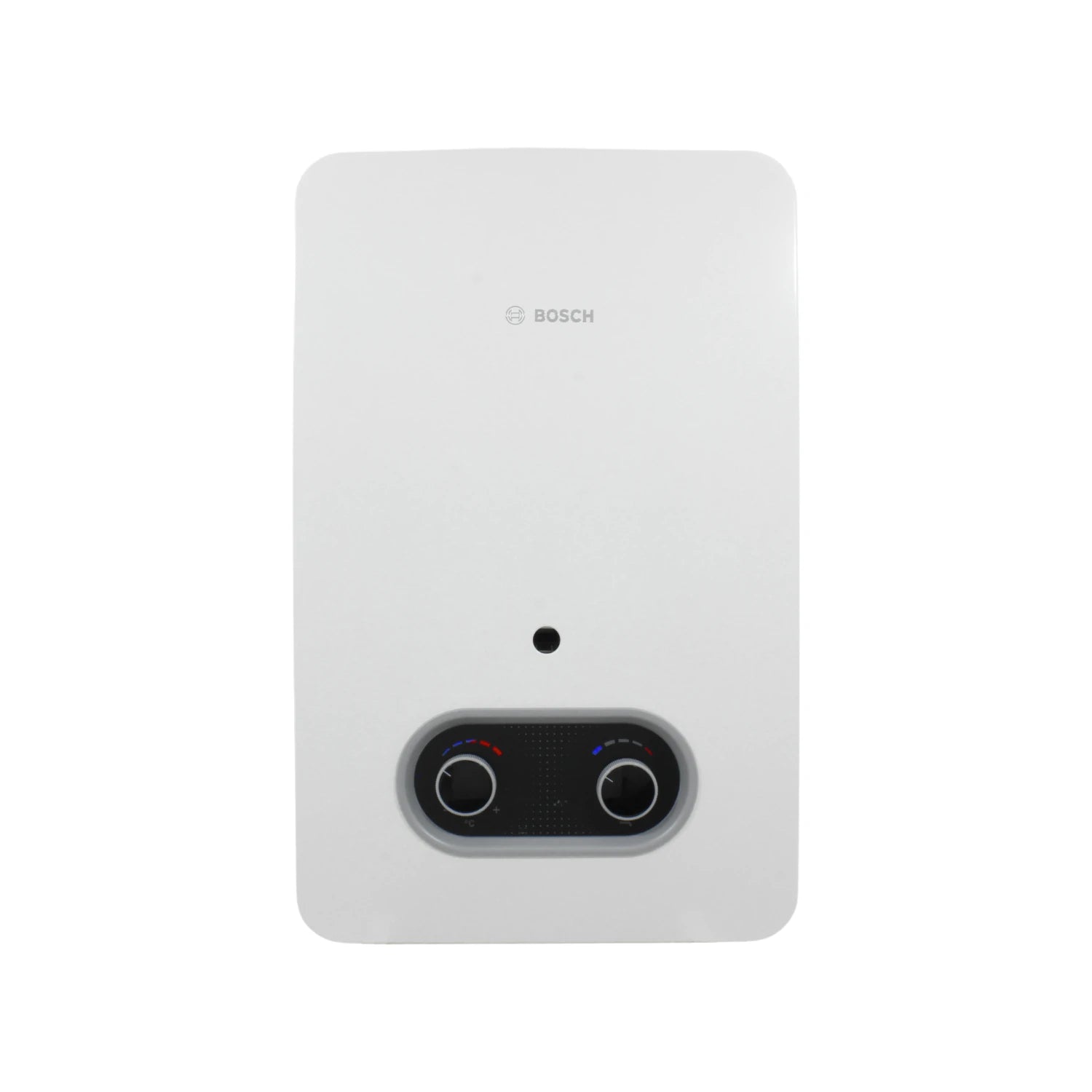Calentador de agua instantáneo Bosch blanco, boiler eléctrico de paso con reguladores de temperatura.