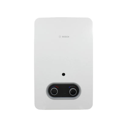 Calentador de agua instantáneo Bosch blanco, boiler eléctrico de paso con reguladores de temperatura.