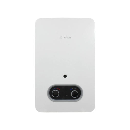 Calentador de agua instantáneo Bosch blanco, boiler eléctrico de paso con reguladores de temperatura.