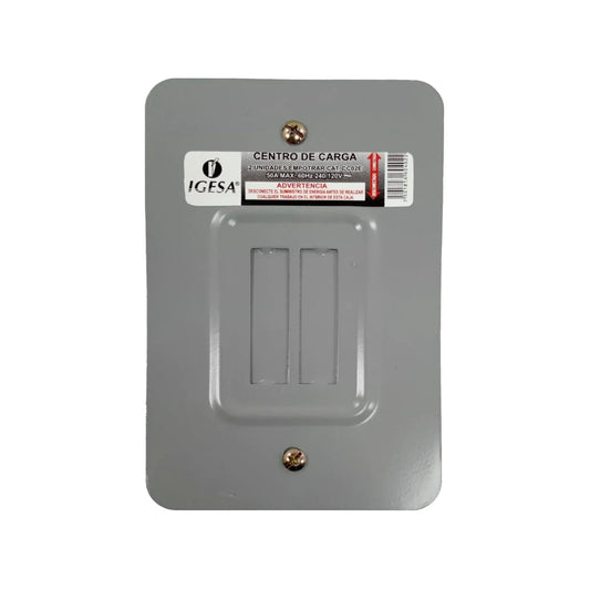 Centro de carga IGESA gris de 2 pastillas empotrable, 50A máximo, 240/120V