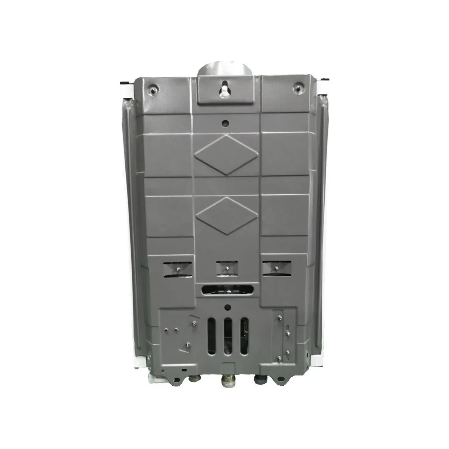 Parte trasera de calentador de agua instantáneo gris para montaje en pared, con entradas/salidas de gas y agua.